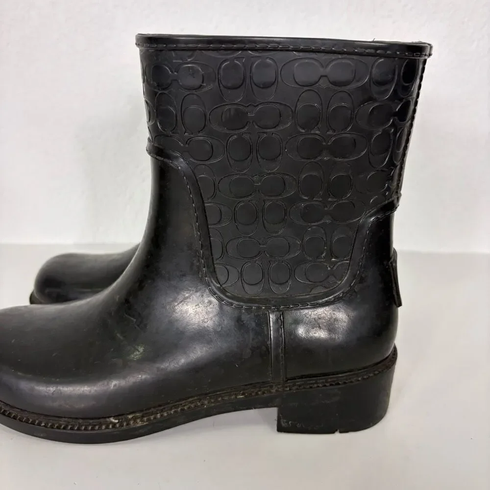 Coach Black Monogram Mid Calf Pull On Rain Boots Women's‎ Size 5